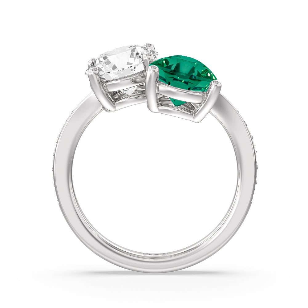 Toi Et Moi Created Emerald pear and round Diamond Engagement Ring with 14KT White Gold Cut Diamond in 14KT White Gold view 3
