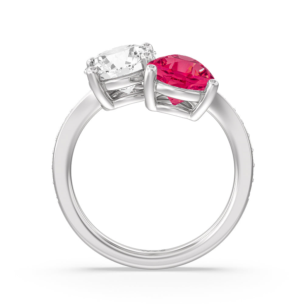 Toi Et Moi Created Ruby pear and round Diamond Engagement Ring with 14KT White Gold Cut Diamond in 14KT White Gold view 3

