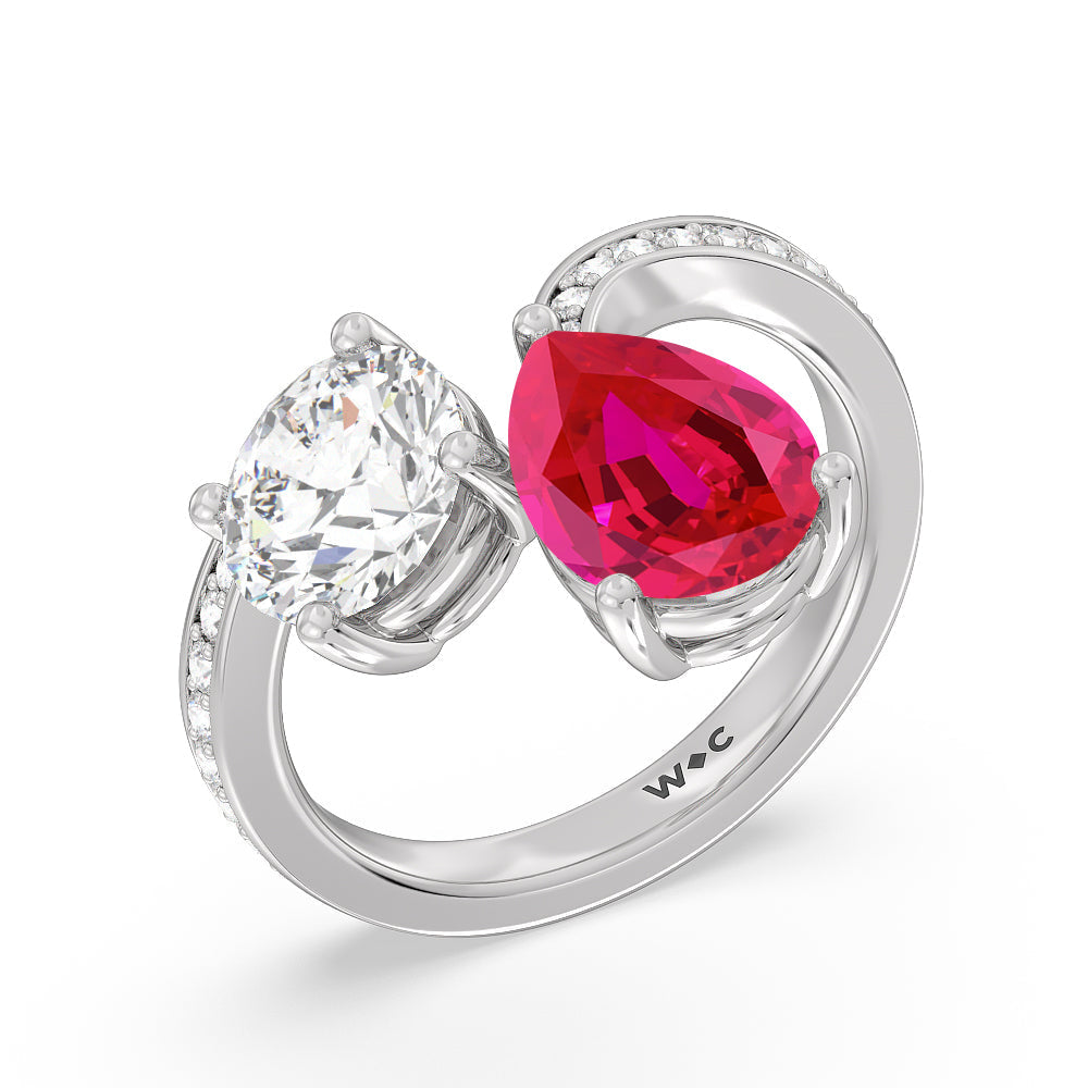 Toi Et Moi Created Ruby pear and round Diamond Engagement Ring with 14KT White Gold Cut Diamond in 14KT White Gold view 2
