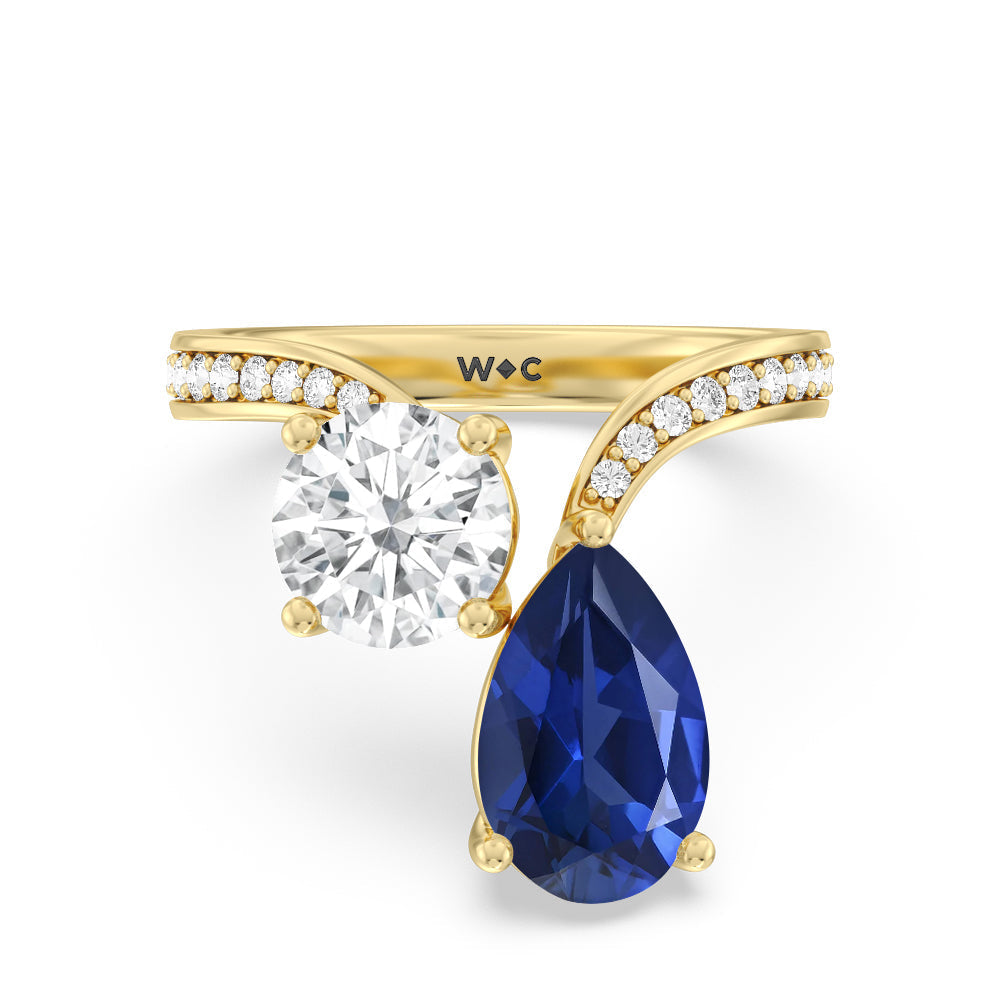 Toi Et Moi Created Sapphire pear and round Diamond Engagement Ring with 14KT Yellow Gold Cut Diamond in 14KT Yellow Gold view 1
