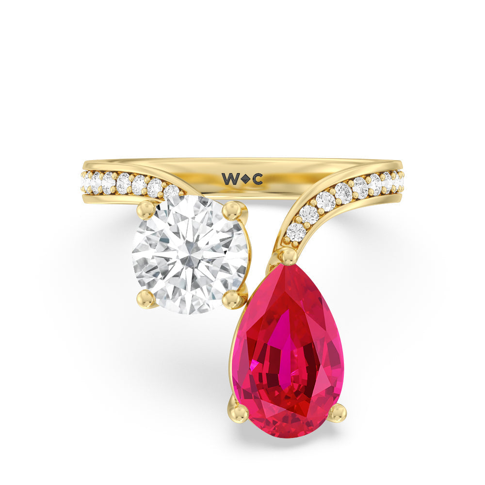 Toi Et Moi Created Ruby pear and round Diamond Engagement Ring with 14KT Yellow Gold Cut Diamond in 14KT Yellow Gold view 1
