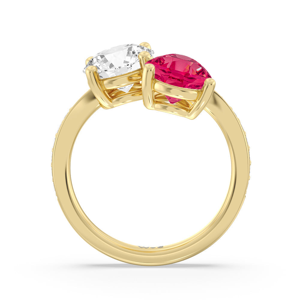 Toi Et Moi Created Ruby pear and round Diamond Engagement Ring with 14KT Yellow Gold Cut Diamond in 14KT Yellow Gold view 3
