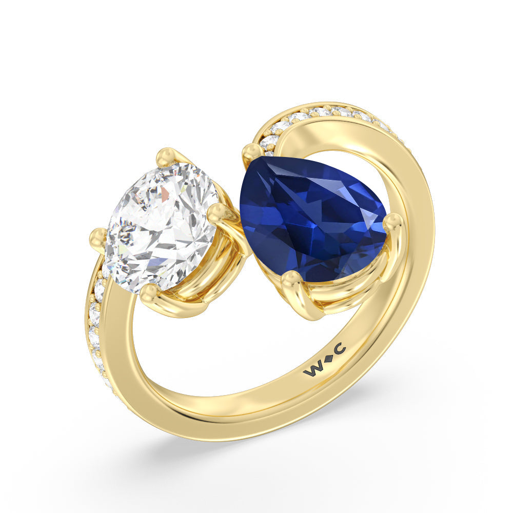 Toi Et Moi Created Sapphire pear and round Diamond Engagement Ring with 14KT Yellow Gold Cut Diamond in 14KT Yellow Gold view 2
