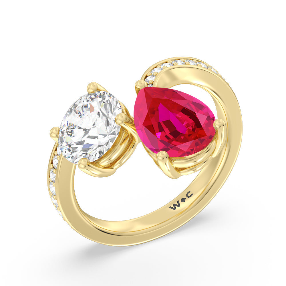 Toi Et Moi Created Ruby pear and round Diamond Engagement Ring with 14KT Yellow Gold Cut Diamond in 14KT Yellow Gold view 2

