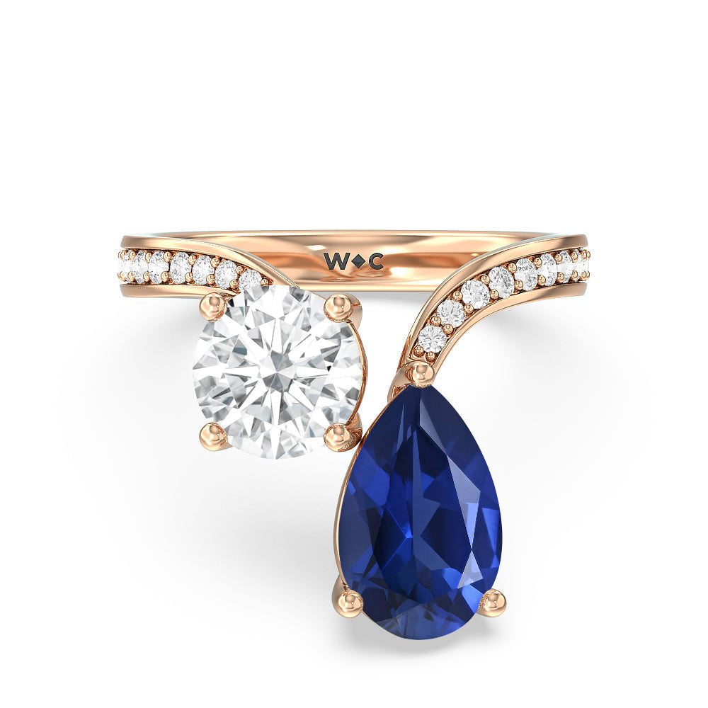 Toi Et Moi Created Sapphire pear and round Diamond Engagement Ring with 14KT Rose Gold Cut Diamond in 14KT Rose Gold view 1
