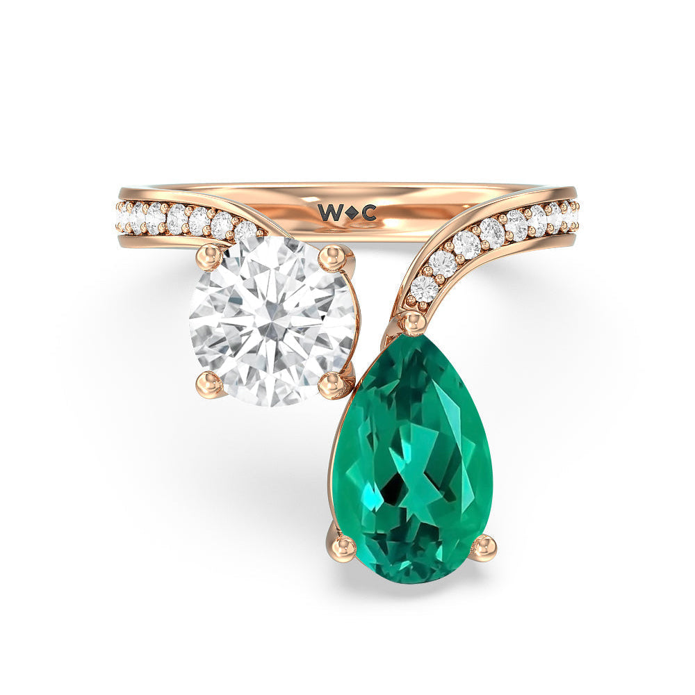 Toi Et Moi Created Emerald pear and round Diamond Engagement Ring with 14KT Rose Gold Cut Diamond in 14KT Rose Gold view 1
