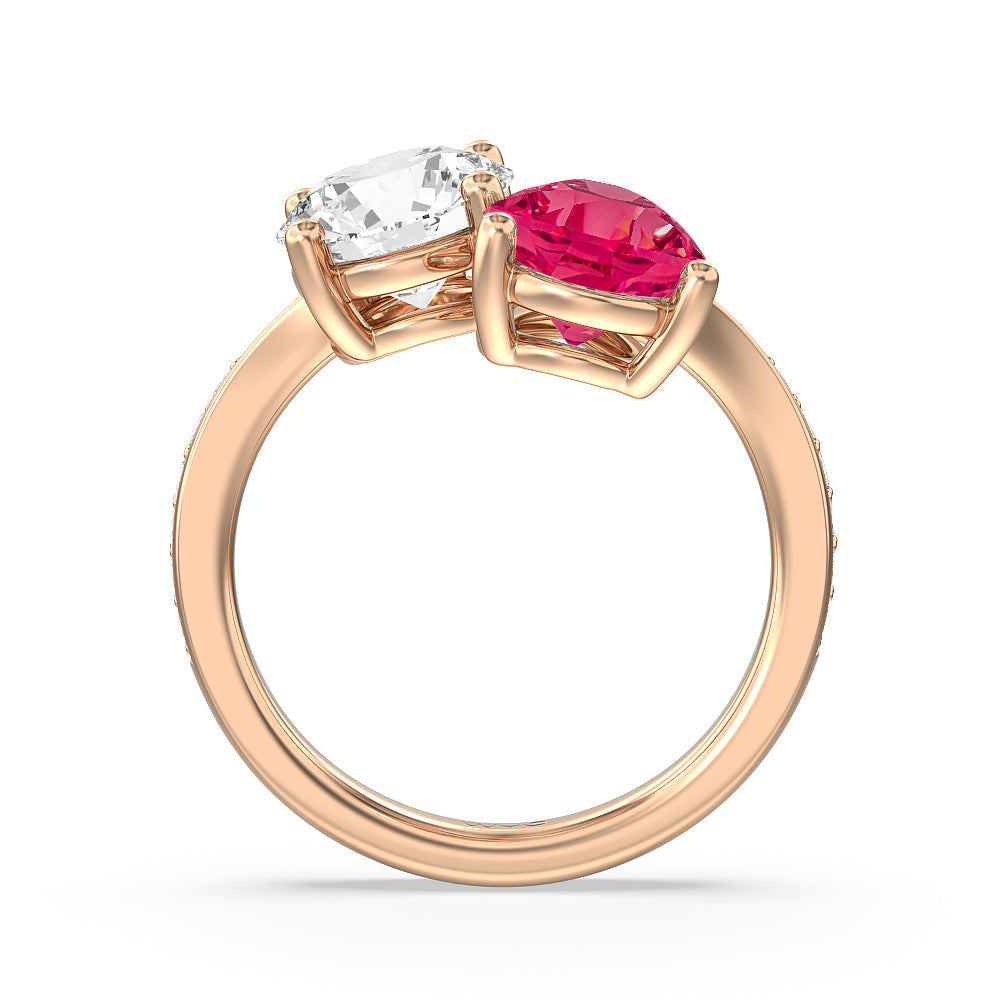 Toi Et Moi Created Ruby pear and round Diamond Engagement Ring with 14KT Rose Gold Cut Diamond in 14KT Rose Gold view 3
