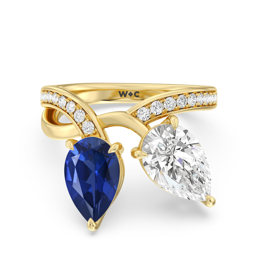 Toi Et Moi Created Sapphire and Lab Diamond Studded Pave Diamond Ring with 14KT Yellow Gold Cut Diamond in 14KT Yellow Gold view 1

