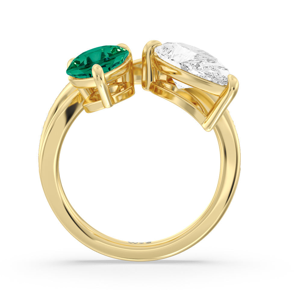 Toi Et Moi Created Emerald and Lab Diamond Studded Pave Diamond Ring with 14KT Yellow Gold Cut Diamond in 14KT Yellow Gold view 3
