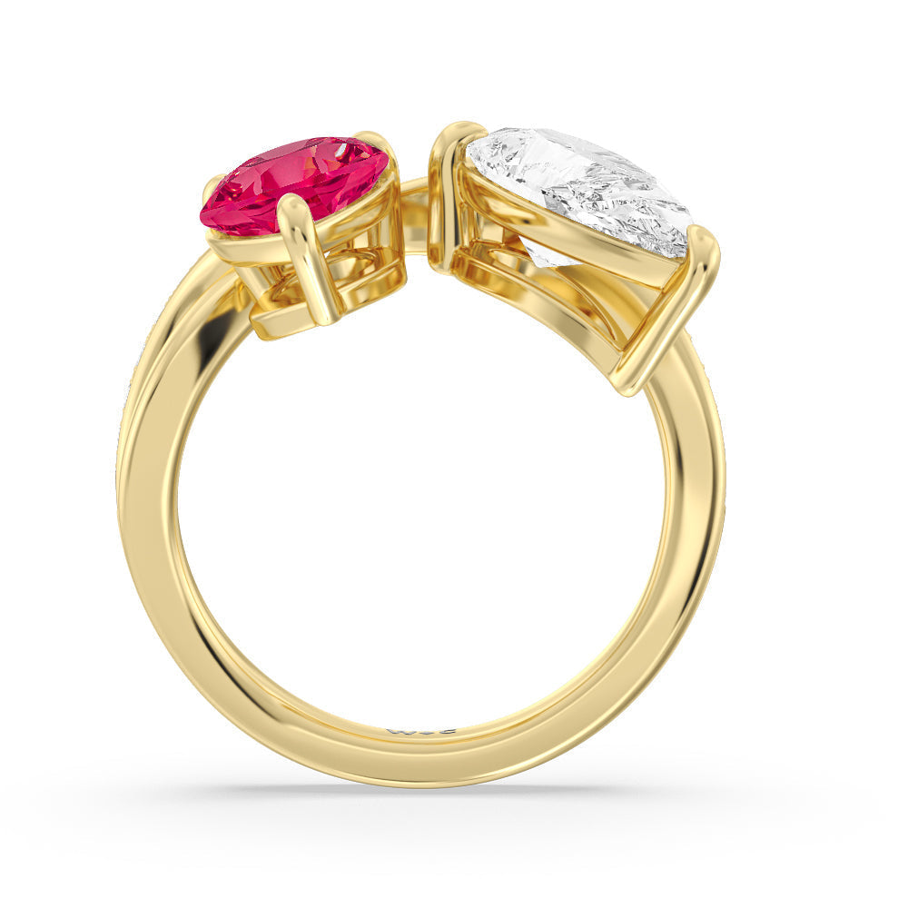 Toi Et Moi Created Ruby and Lab Diamond Studded Pave Diamond Ring with 14KT Yellow Gold Cut Diamond in 14KT Yellow Gold view 3
