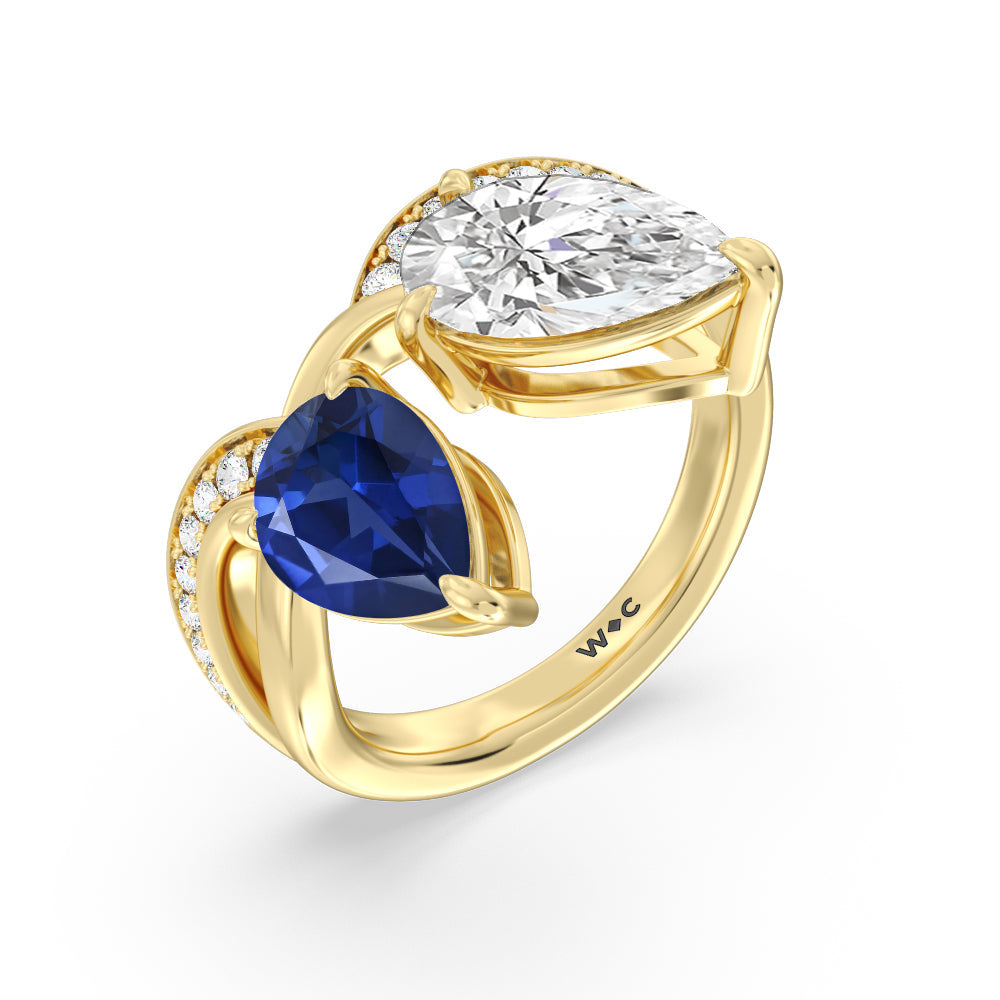 Toi Et Moi Created Sapphire and Lab Diamond Studded Pave Diamond Ring with 14KT Yellow Gold Cut Diamond in 14KT Yellow Gold view 2

