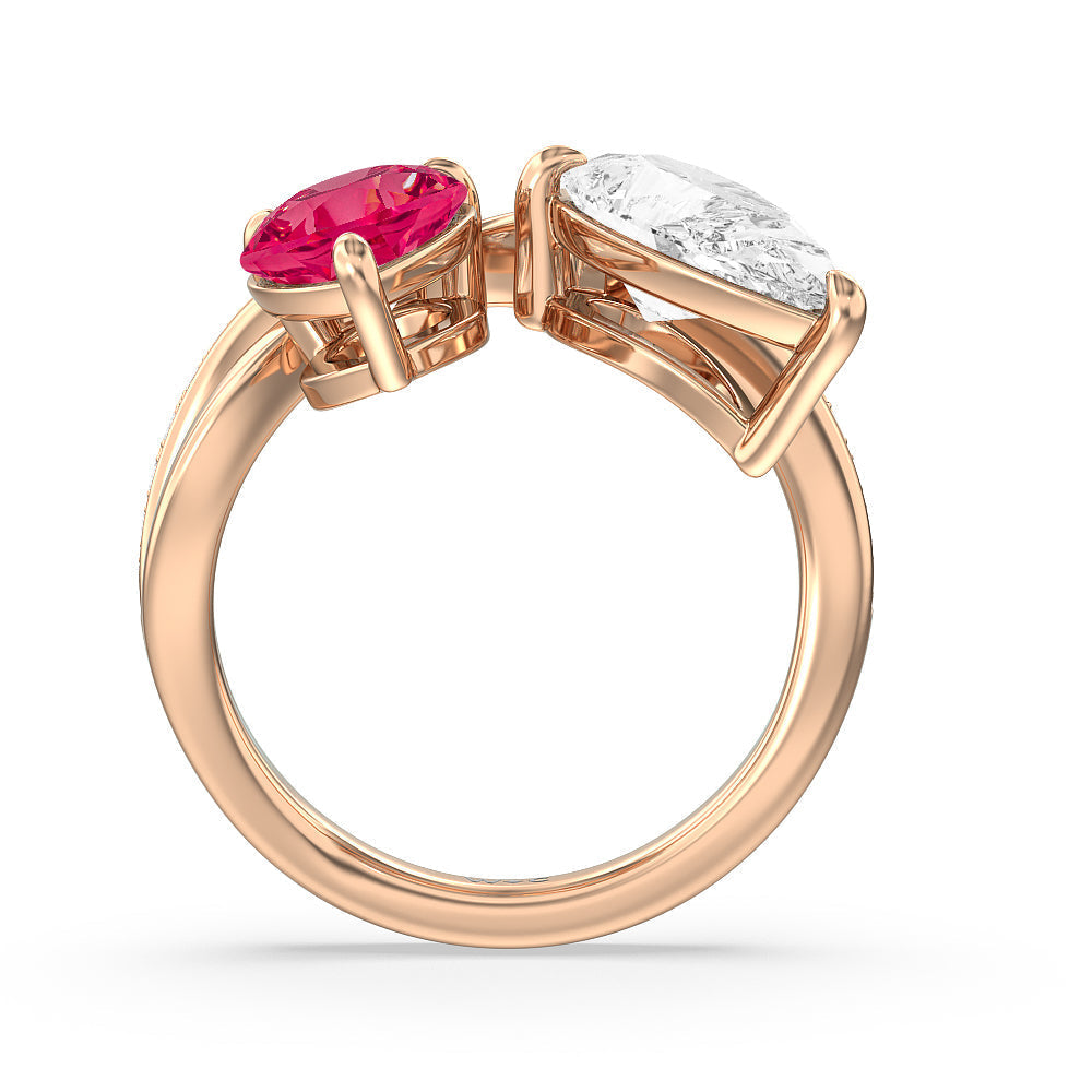 Toi Et Moi Created Ruby and Lab Diamond Studded Pave Diamond Ring with 14KT Rose Gold Cut Diamond in 14KT Rose Gold view 3
