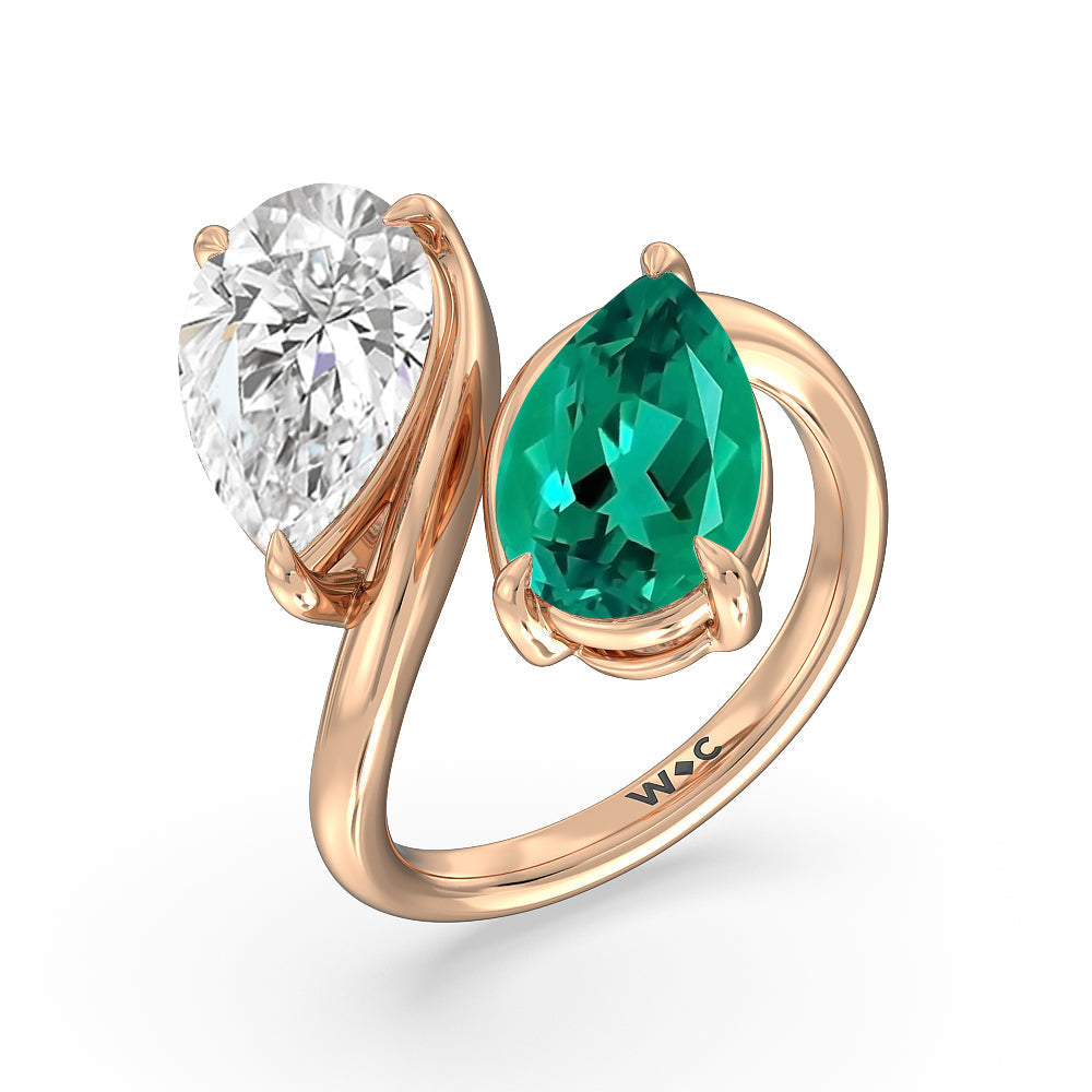 Toi Et Moi Created Emerald and Lab Diamond Bypass Engagement Ring with 14KT Rose Gold Cut Diamond in 14KT Rose Gold view 2
