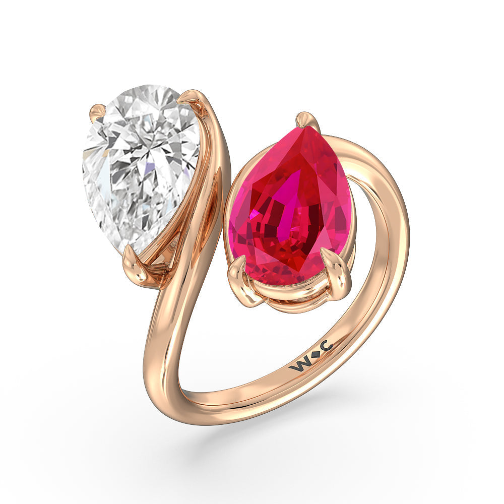 Toi Et Moi Created Ruby and Lab Diamond Bypass Engagement Ring with 14KT Rose Gold Cut Diamond in 14KT Rose Gold view 2
