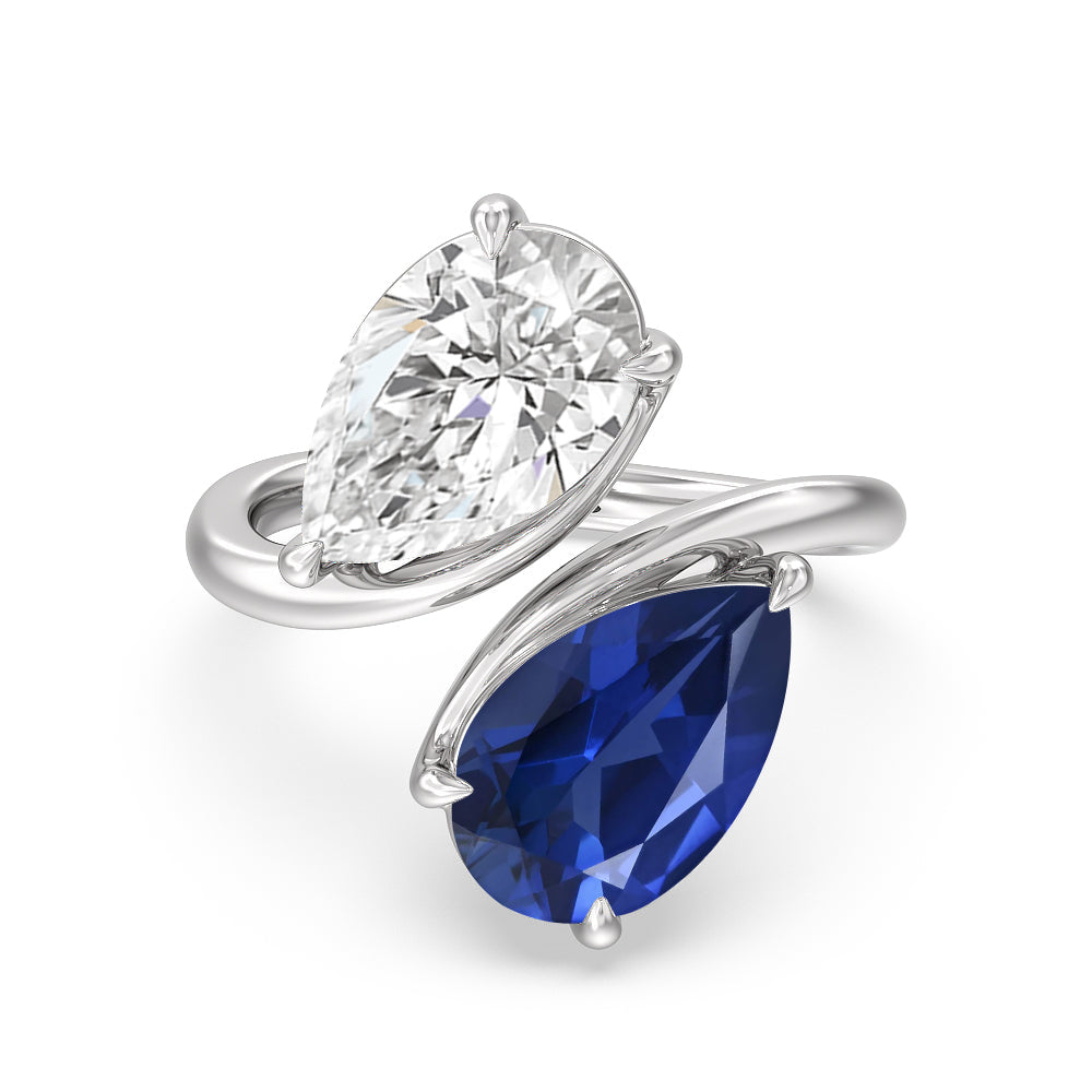 Toi Et Moi Created Sapphire and Lab Diamond Bypass Engagement Ring with 14KT White Gold Cut Diamond in 14KT White Gold view 1
