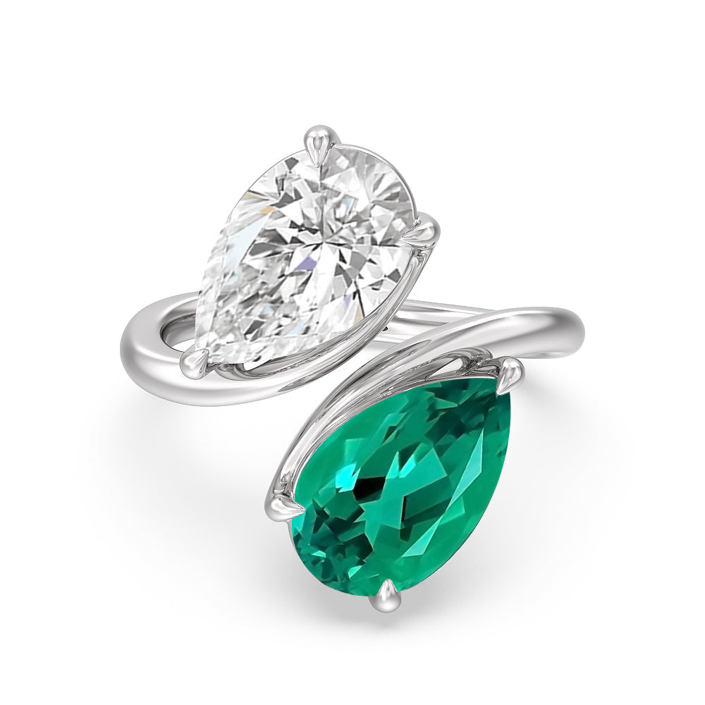 Toi Et Moi Created Emerald and Lab Diamond Bypass Engagement Ring with 14KT White Gold Cut Diamond in 14KT White Gold view 1
