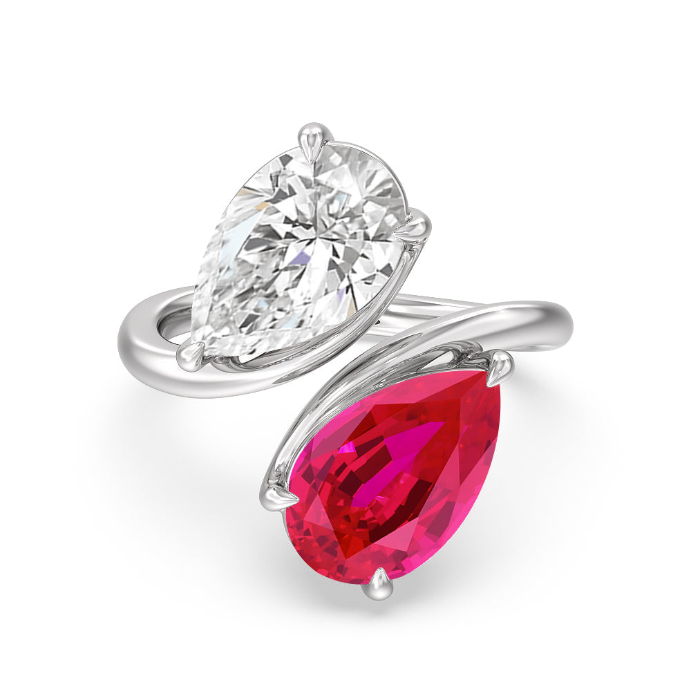 Toi Et Moi Created Ruby and Lab Diamond Bypass Engagement Ring with 14KT White Gold Cut Diamond in 14KT White Gold view 1
