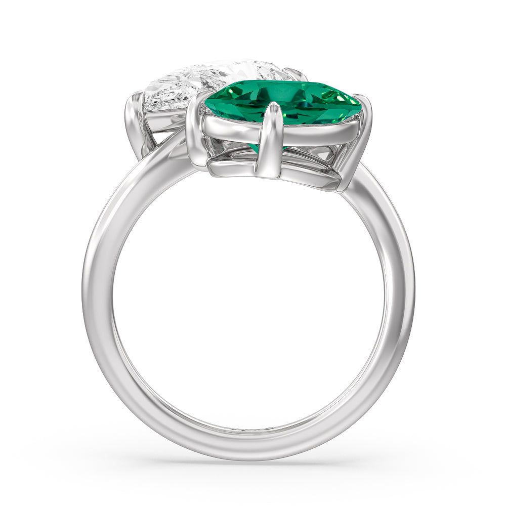 Toi Et Moi Created Emerald and Lab Diamond Bypass Engagement Ring with 14KT White Gold Cut Diamond in 14KT White Gold view 3
