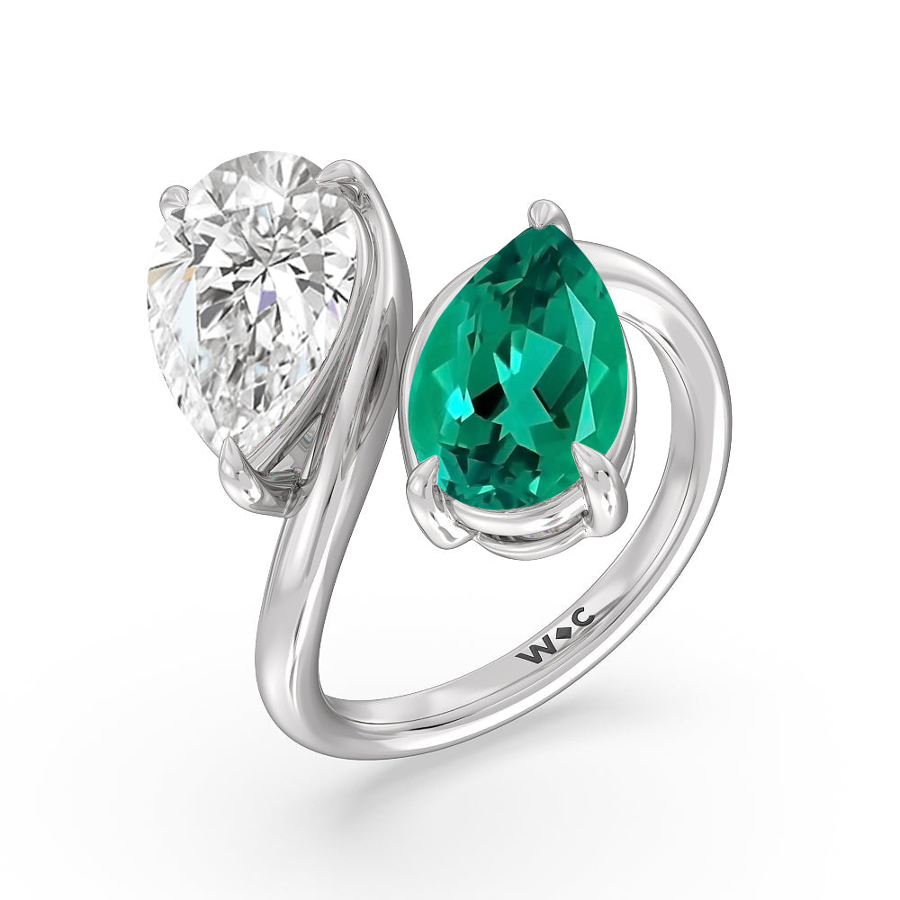Toi Et Moi Created Emerald and Lab Diamond Bypass Engagement Ring with 14KT White Gold Cut Diamond in 14KT White Gold view 2
