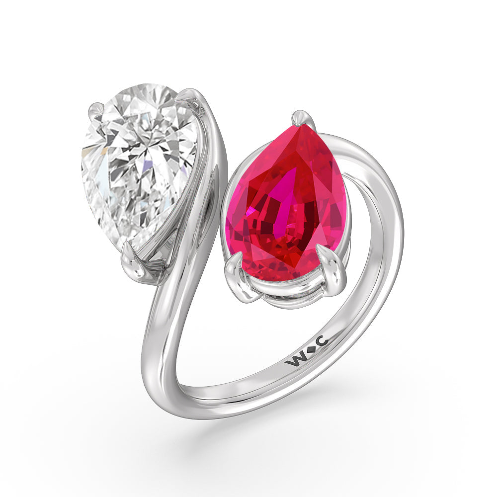 Toi Et Moi Created Ruby and Lab Diamond Bypass Engagement Ring with 14KT White Gold Cut Diamond in 14KT White Gold view 2

