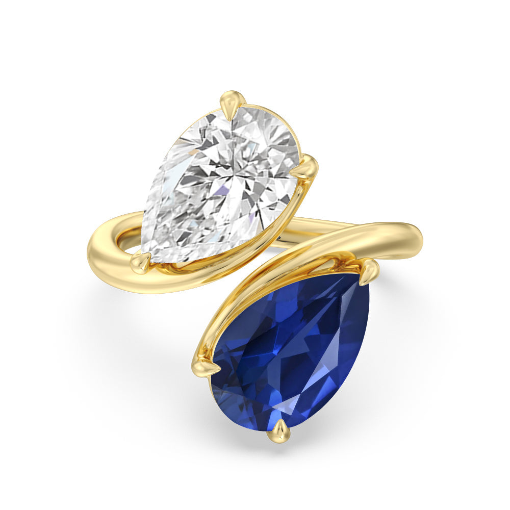 Toi Et Moi Created Sapphire and Lab Diamond Bypass Engagement Ring with 14KT Yellow Gold Cut Diamond in 14KT Yellow Gold view 1
