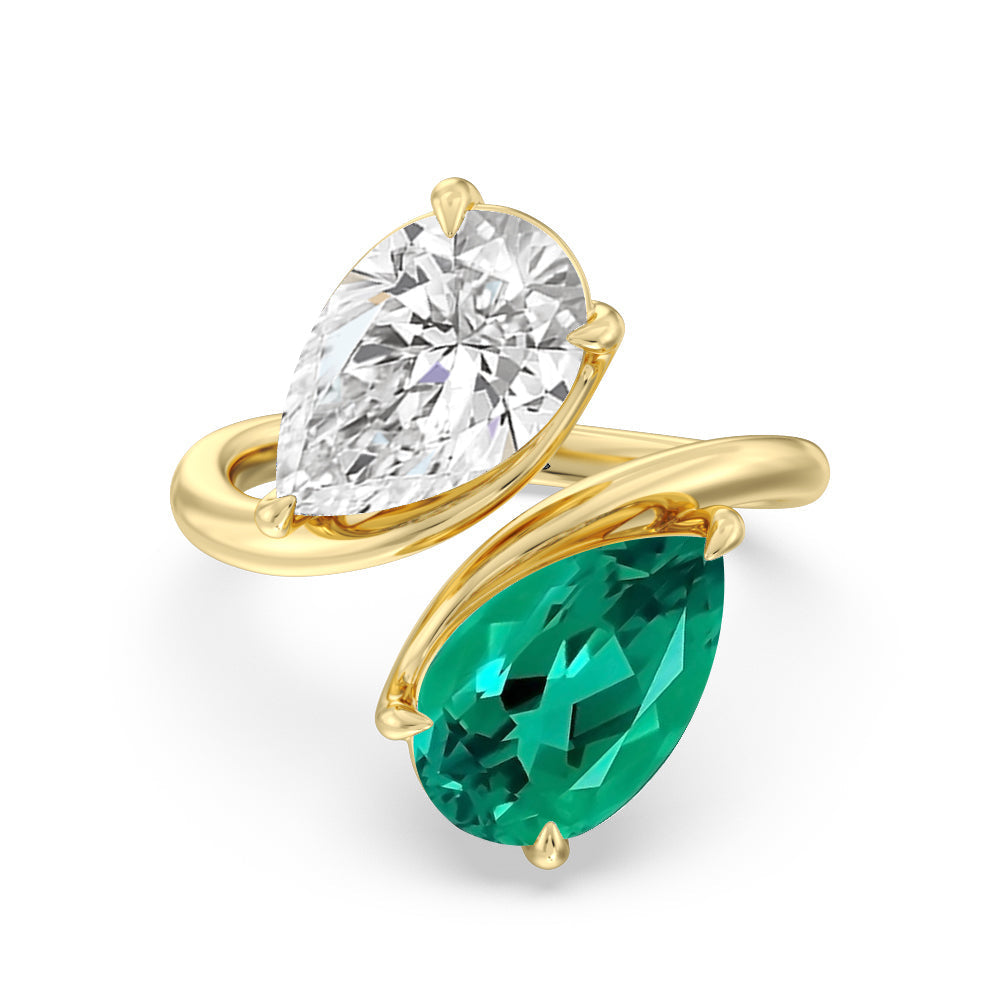 Toi Et Moi Created Emerald and Lab Diamond Bypass Engagement Ring with 14KT Yellow Gold Cut Diamond in 14KT Yellow Gold view 1
