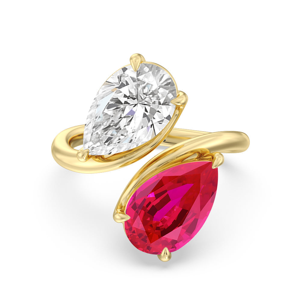 Toi Et Moi Created Ruby and Lab Diamond Bypass Engagement Ring with 14KT Yellow Gold Cut Diamond in 14KT Yellow Gold view 1
