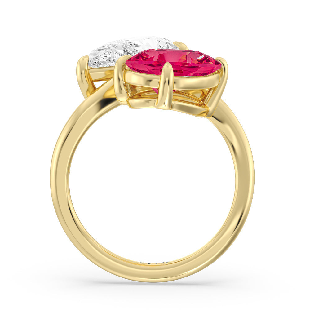 Toi Et Moi Created Ruby and Lab Diamond Bypass Engagement Ring with 14KT Yellow Gold Cut Diamond in 14KT Yellow Gold view 3

