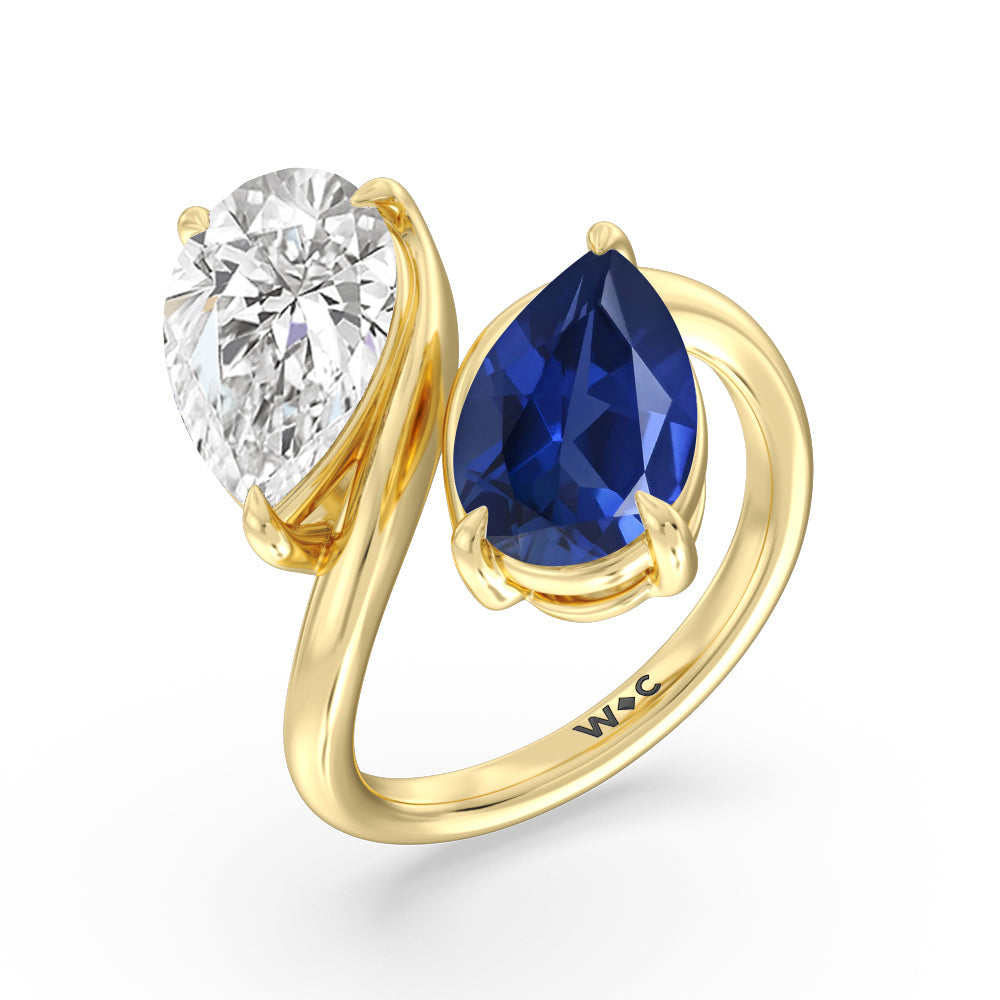 Toi Et Moi Created Sapphire and Lab Diamond Bypass Engagement Ring with 14KT Yellow Gold Cut Diamond in 14KT Yellow Gold view 2
