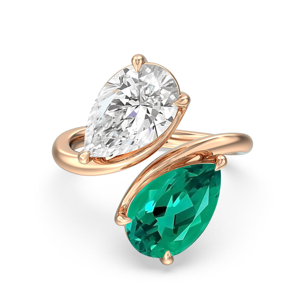Toi Et Moi Created Emerald and Lab Diamond Bypass Engagement Ring with 14KT Rose Gold Cut Diamond in 14KT Rose Gold view 1

