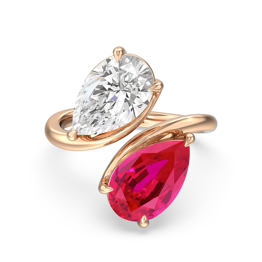 Toi Et Moi Created Ruby and Lab Diamond Bypass Engagement Ring with 14KT Rose Gold Cut Diamond in 14KT Rose Gold view 1
