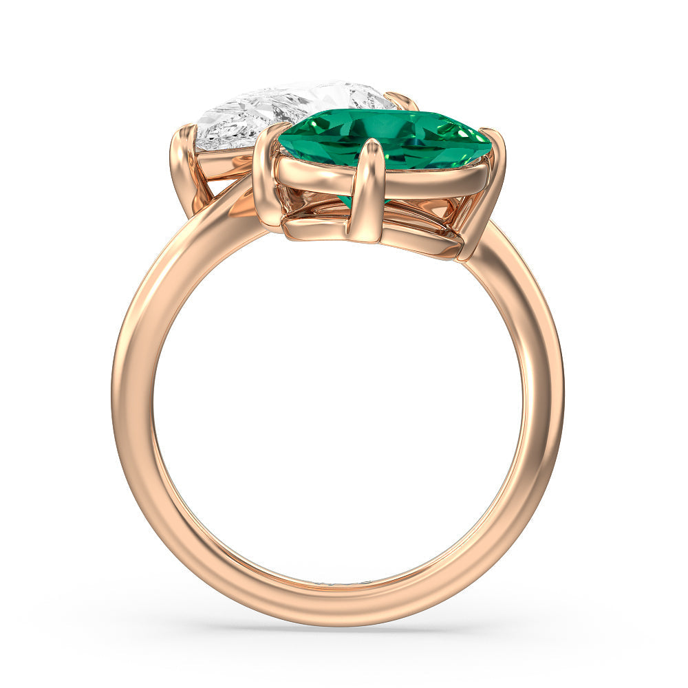 Toi Et Moi Created Emerald and Lab Diamond Bypass Engagement Ring with 14KT Rose Gold Cut Diamond in 14KT Rose Gold view 3
