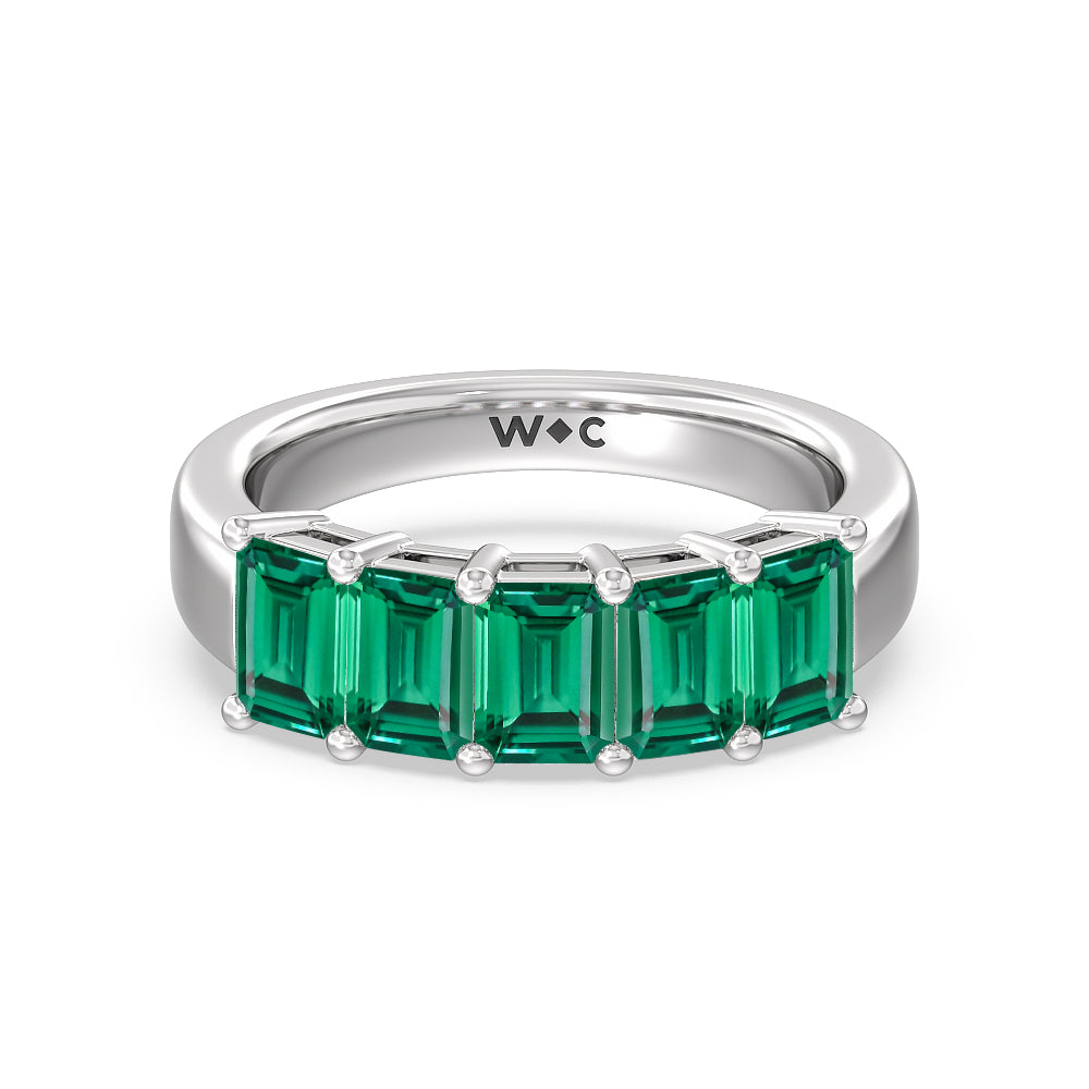Five Stone Created Emerald Anniversary Ring with 14KT White Gold Cut Diamond in 14KT White Gold view 1
