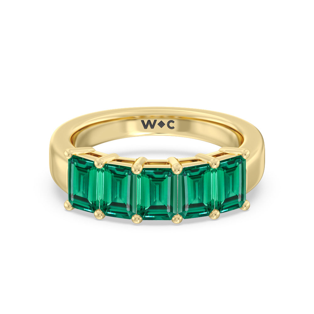Five Stone Created Emerald Anniversary Ring with 14KT Yellow Gold Cut Diamond in 14KT Yellow Gold view 1
