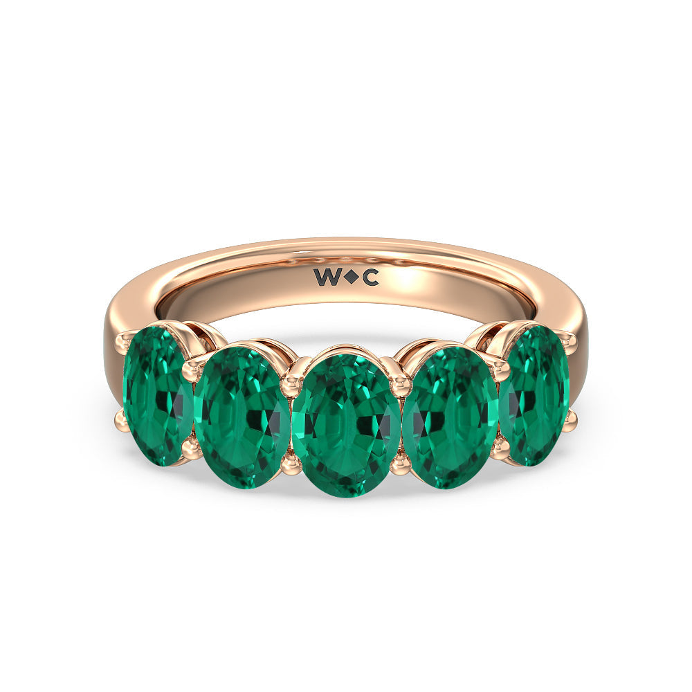 Five Stone Created Emerald Oval Shape Anniversary Ring with 14KT Rose Gold Cut Diamond in 14KT Rose Gold view 1
