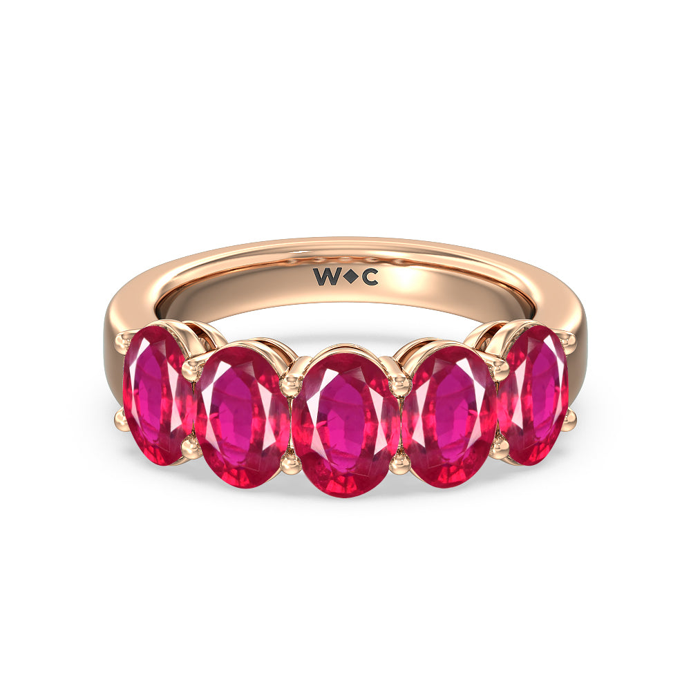 Five Stone Created Ruby Oval Anniversary Ring with 14KT Rose Gold Cut Diamond in 14KT Rose Gold view 1
