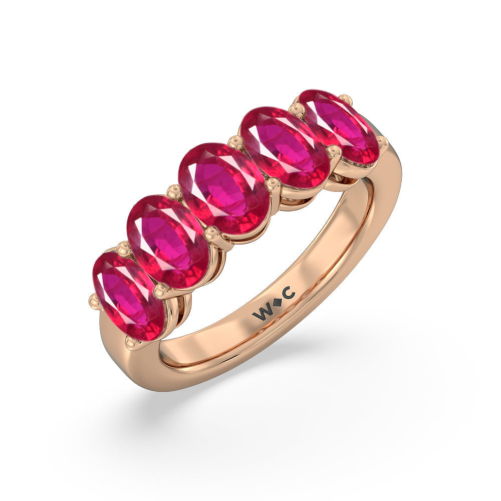 Five Stone Created Ruby Oval Anniversary Ring with 14KT Rose Gold Cut Diamond in 14KT Rose Gold view 2
