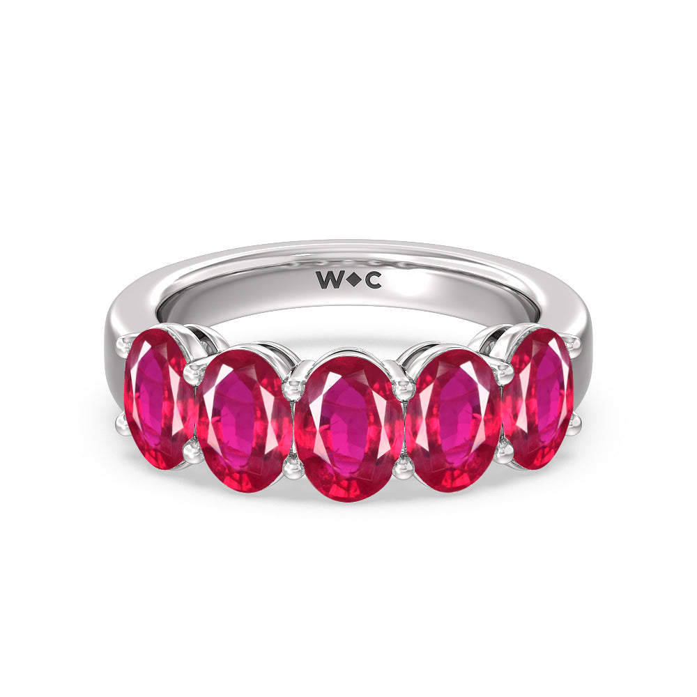 Five Stone Created Ruby Oval Anniversary Ring with 14KT White Gold Cut Diamond in 14KT White Gold view 1
