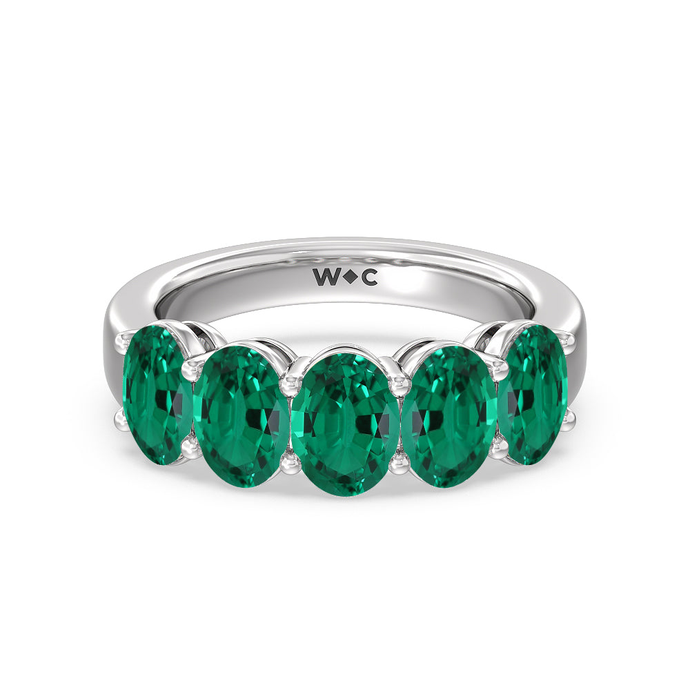 Five Stone Created Emerald Oval Shape Anniversary Ring with 14KT White Gold Cut Diamond in 14KT White Gold view 1
