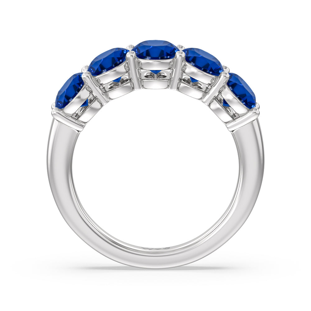 Five Stone Created Sapphire Oval Anniversary Ring with 14KT White Gold Cut Diamond in 14KT White Gold view 3

