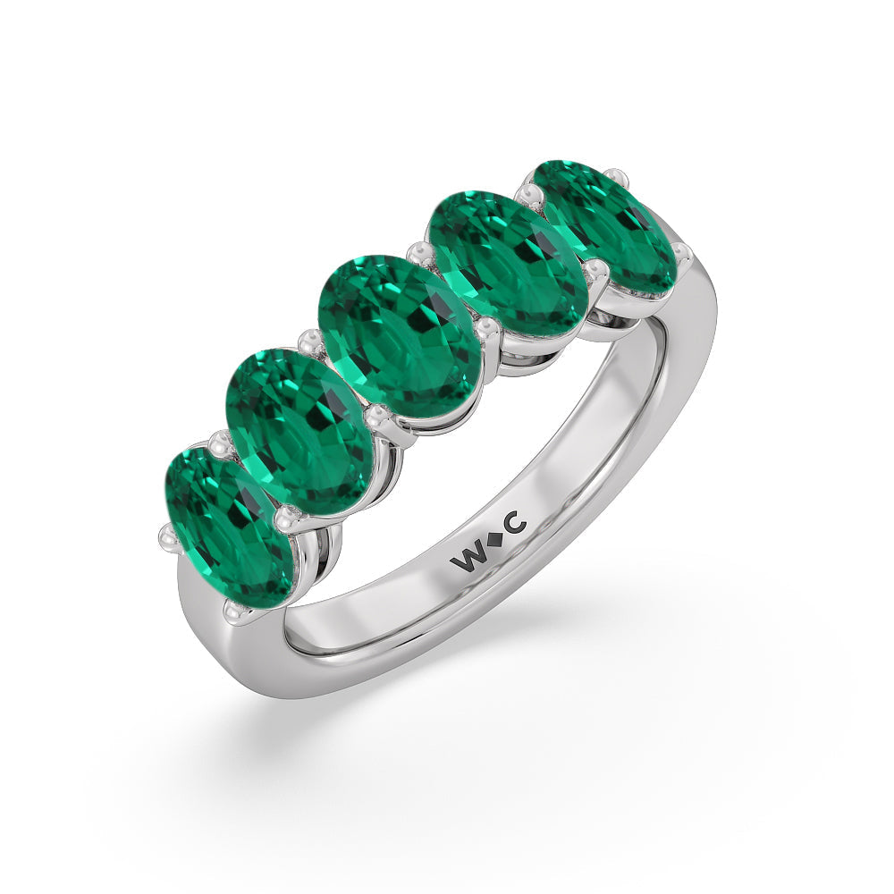 Five Stone Created Emerald Oval Shape Anniversary Ring with 14KT White Gold Cut Diamond in 14KT White Gold view 2
