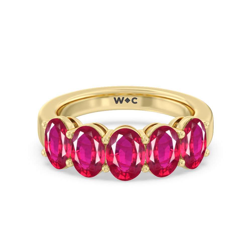 Five Stone Created Ruby Oval Anniversary Ring with 14KT Yellow Gold Cut Diamond in 14KT Yellow Gold view 1
