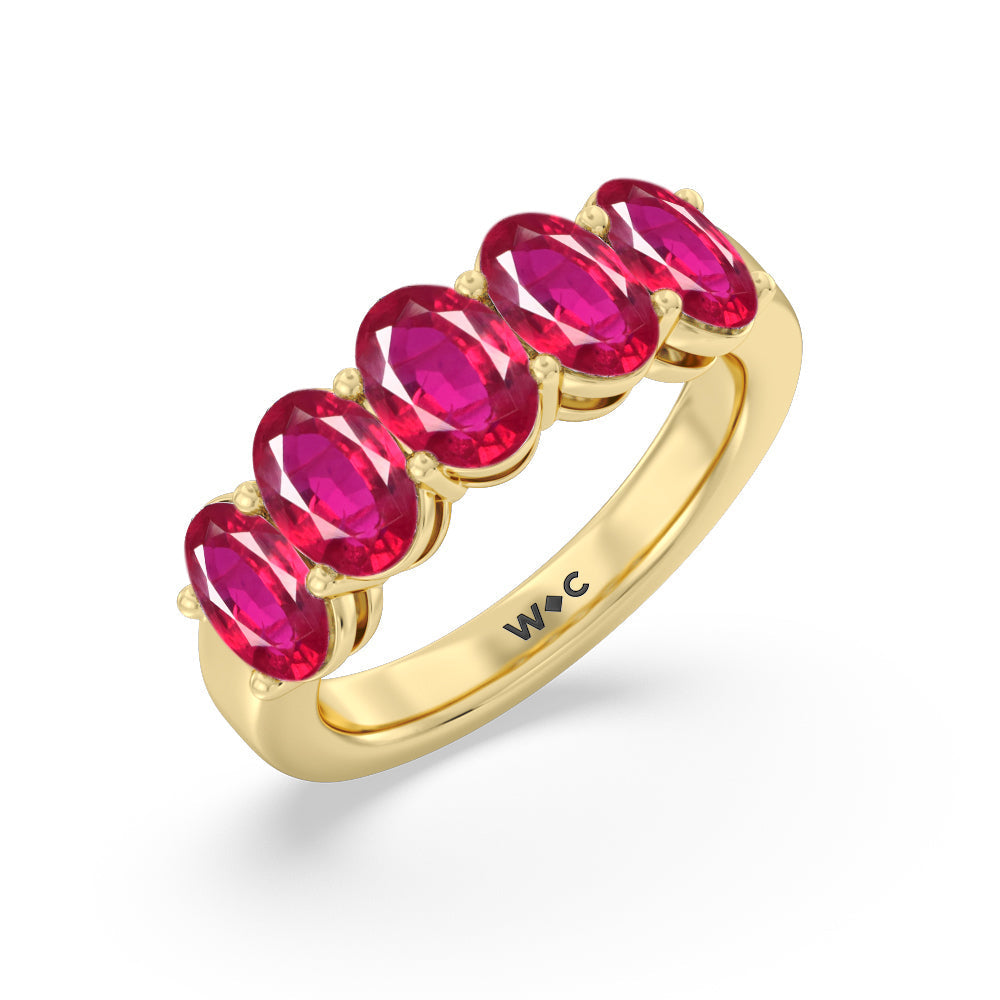 Five Stone Created Ruby Oval Anniversary Ring with 14KT Yellow Gold Cut Diamond in 14KT Yellow Gold view 2

