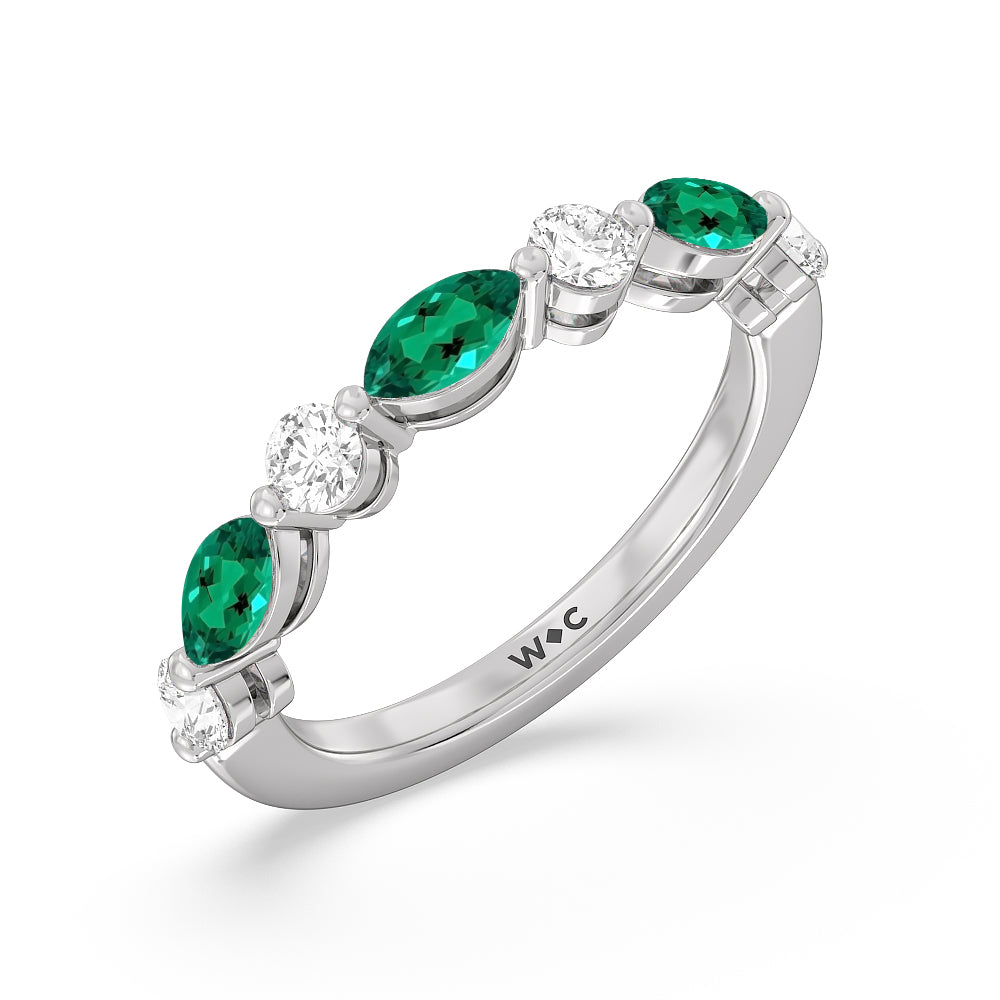 Alternating Created Emerald Marquise and Round Diamond Anniversary Ring with 14KT White Gold Cut Diamond in 14KT White Gold view 2

