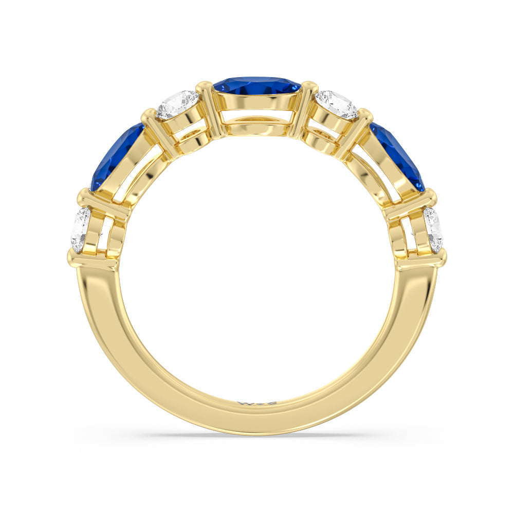 Alternating Created Sapphire Marquise and Round Diamond Anniversary Ring with 14KT Yellow Gold Cut Diamond in 14KT Yellow Gold view 3
