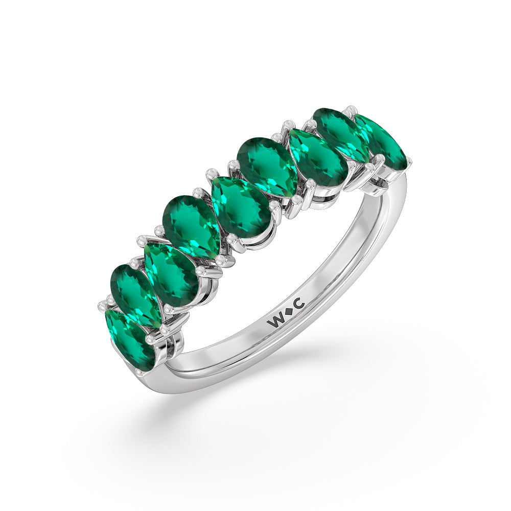 North-South Created Emerald Pear Shape Anniversary Ring with 14KT White Gold Cut Diamond in 14KT White Gold view 2
