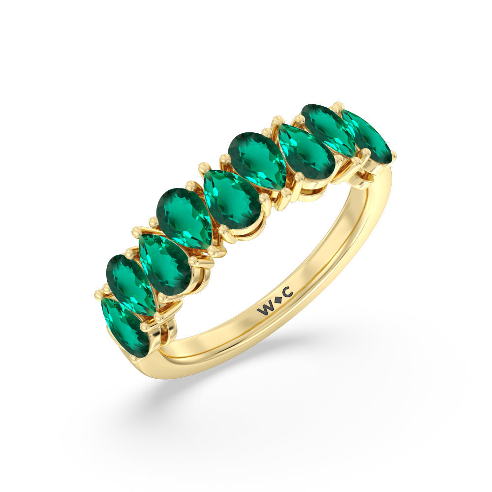 North-South Created Emerald Pear Shape Anniversary Ring with 14KT Yellow Gold Cut Diamond in 14KT Yellow Gold view 2
