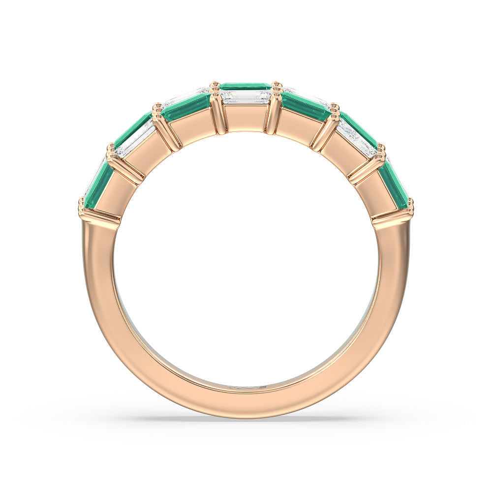 Two Row Alternate Created Emerald and Emerald Shape Diamond East-West Anniversary Ring with 14KT Rose Gold Cut Diamond in 14KT Rose Gold view 3

