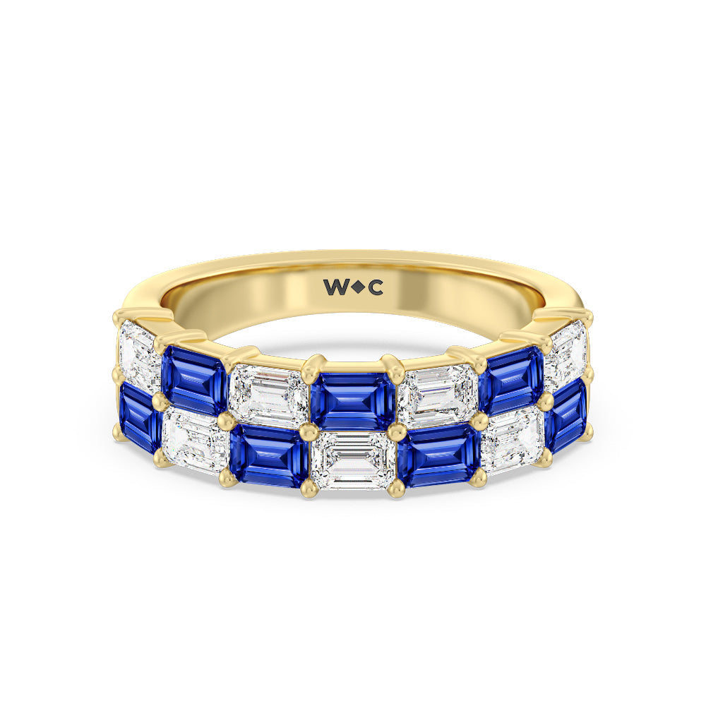 Two Row Alternate Created Sapphire and Emerald Diamond East-West Anniversary Ring with 14KT Yellow Gold Cut Diamond in 14KT Yellow Gold view 1
