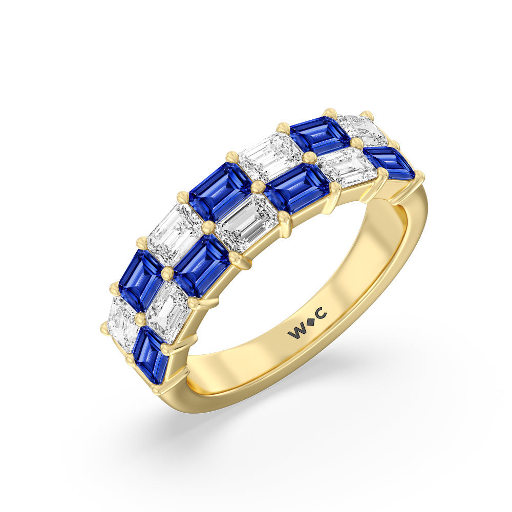 Two Row Alternate Created Sapphire and Emerald Diamond East-West Anniversary Ring with 14KT Yellow Gold Cut Diamond in 14KT Yellow Gold view 2
